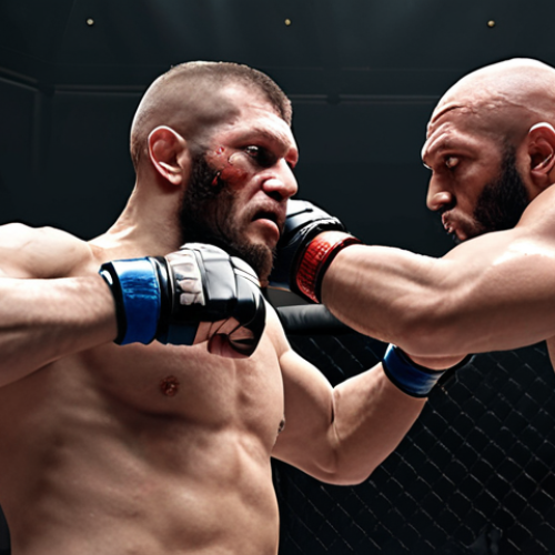 Home 15 ** Two MMA fighters clinched tightly, focusing on control and balance, inside the octagon. Capture the intensity and strategy of the moment.
**