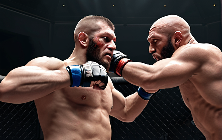 ** Two MMA fighters clinched tightly, focusing on control and balance, inside the octagon. Capture the intensity and strategy of the moment.
**