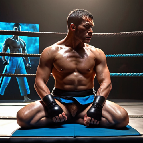 Home 14 **Prompt for Visualization:**
"A male martial artist, early 30s, sitting calmly with eyes closed in a dimly lit, focused stance. Above and around his head, a vibrant, multi-sensory holographic projection of a full combat scenario unfolds. This includes detailed visuals of punches connecting, evasive maneuvers, the texture of the mat, sweat on his brow, and a clear vision of triumph. The projection should feel dynamic and vivid, as if he's living the fight mentally. Cinematic lighting, realistic style."