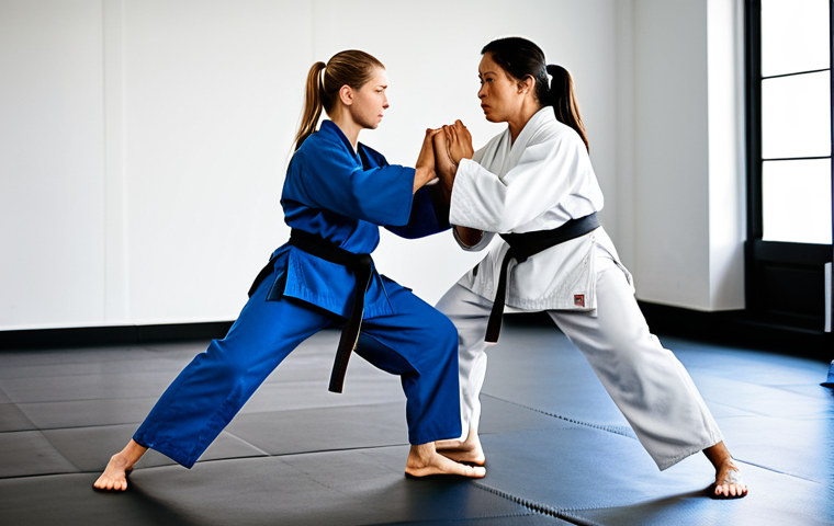 A diverse group of adult women, fully clothed in modest, professional martial arts gis and athletic wear, actively practicing self-defense techniques in a clean, brightly lit dojo. They are engaged in collaborative training, assisting each other with focused and determined expressions, demonstrating discipline and a strong sense of sisterhood. The atmosphere is supportive and empowering. Perfect anatomy, correct proportions, natural poses, well-formed hands, proper finger count, natural body proportions, safe for work, appropriate content, fully clothed, modest, family-friendly.