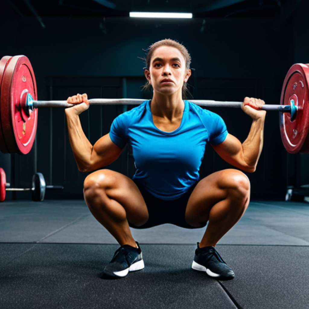 A focused, professional athlete performing a powerful barbell squat with perfect form, wearing modest, dark athletic shorts and a form-fitting professional t-shirt, athletic shoes. The setting is a brightly lit, modern gym with high ceilings and various weightlifting equipment in the background. The athlete's expression is one of intense concentration and determination, showcasing peak physical and mental discipline. Professional studio photography, sharp focus, dynamic composition, vibrant colors, strong lighting. fully clothed, appropriate attire, safe for work, appropriate content, professional, perfect anatomy, correct proportions, natural pose, well-formed hands, proper finger count, natural body proportions.