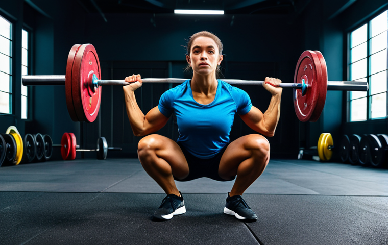 A focused, professional athlete performing a powerful barbell squat with perfect form, wearing modest, dark athletic shorts and a form-fitting professional t-shirt, athletic shoes. The setting is a brightly lit, modern gym with high ceilings and various weightlifting equipment in the background. The athlete's expression is one of intense concentration and determination, showcasing peak physical and mental discipline. Professional studio photography, sharp focus, dynamic composition, vibrant colors, strong lighting. fully clothed, appropriate attire, safe for work, appropriate content, professional, perfect anatomy, correct proportions, natural pose, well-formed hands, proper finger count, natural body proportions.