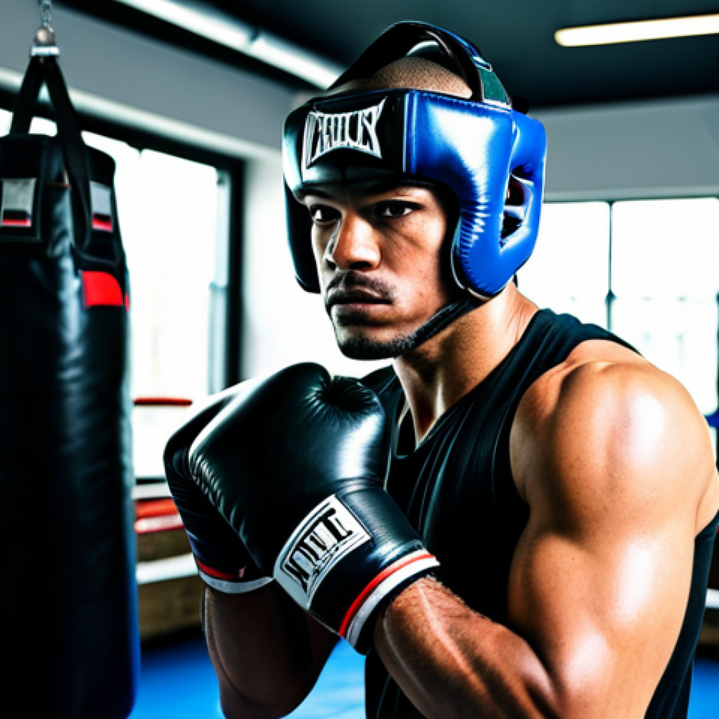 격투기 헬멧 종류 및 비교 - **
"A professional boxer, fully clothed in training gear, wearing an open-face boxing headgear in a...