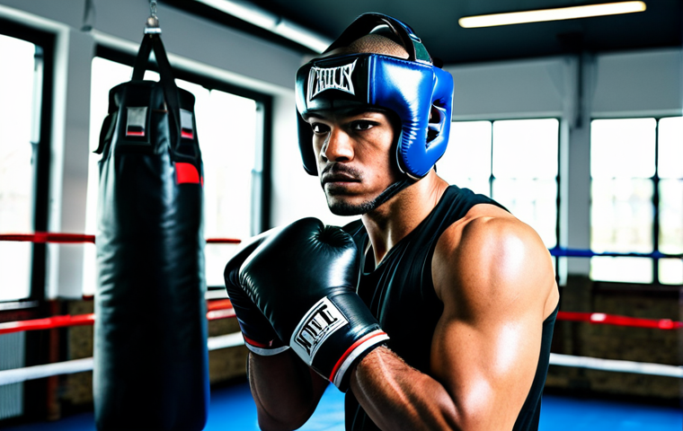 격투기 헬멧 종류 및 비교 - **
"A professional boxer, fully clothed in training gear, wearing an open-face boxing headgear in a...
