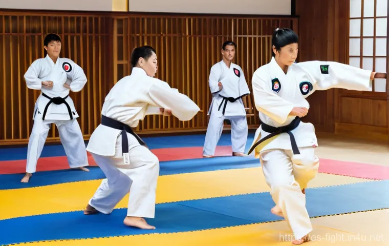 격투기 연습 장소 서울 - A diverse group of adult and teenage students, including several foreigners, are deeply engaged in a...