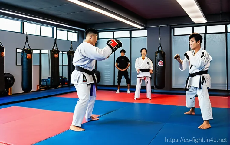 격투기 연습 장소 서울 - A diverse group of adult and teenage students, including several foreigners, are deeply engaged in a...