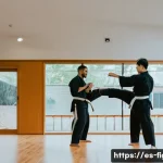 Home 22 격투기 연습 장소 광주 - A cozy martial arts dojo with a warm, family-friendly atmosphere, featuring a diverse group of adult...