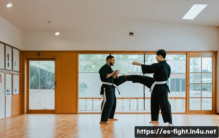 격투기 연습 장소 광주 - A cozy martial arts dojo with a warm, family-friendly atmosphere, featuring a diverse group of adult...