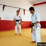 Home 21 격투기 관련 도서 추천 - A dynamic martial arts training scene inside a traditional dojo in Spain, featuring a diverse group ...