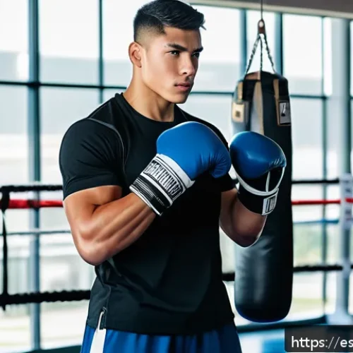 Home 32 격투기 킥복싱 기초 가이드 - A confident young Hispanic male kickboxer in a bright, modern gym, demonstrating the basic stance wi...