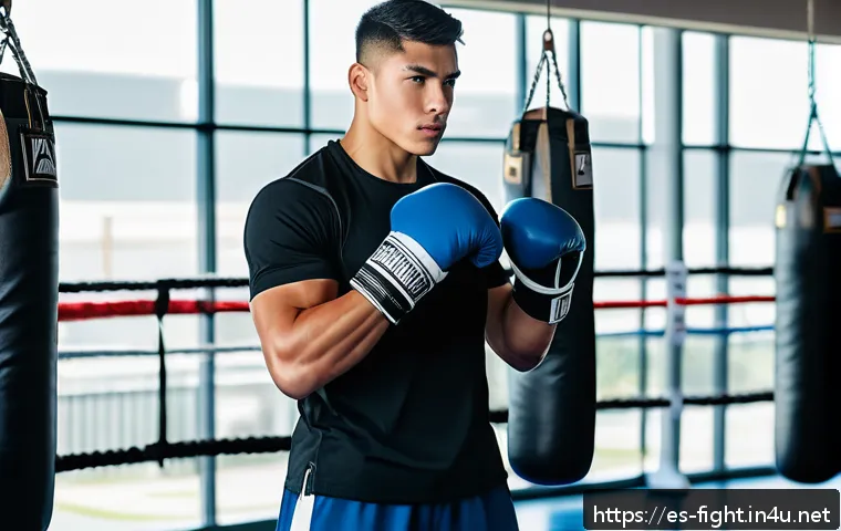 격투기 킥복싱 기초 가이드 - A confident young Hispanic male kickboxer in a bright, modern gym, demonstrating the basic stance wi...