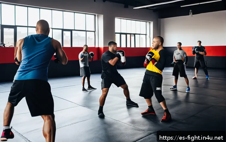 격투기 다이어트 성공 사례 - A dynamic scene of a diverse group of adult MMA practitioners training intensely in a modern gym, we...