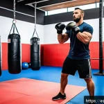 Home 18 격투기 훈련 시스템 비교 - A highly detailed scene of a mixed martial arts (MMA) training gym in Spain, featuring a diverse gro...