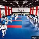 Home 23 격투기 연습 장소 대전 - A modern martial arts academy interior in a bustling urban setting, featuring diverse training areas...