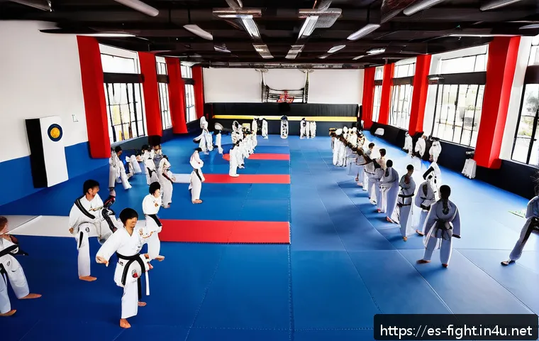 격투기 연습 장소 대전 - A modern martial arts academy interior in a bustling urban setting, featuring diverse training areas...