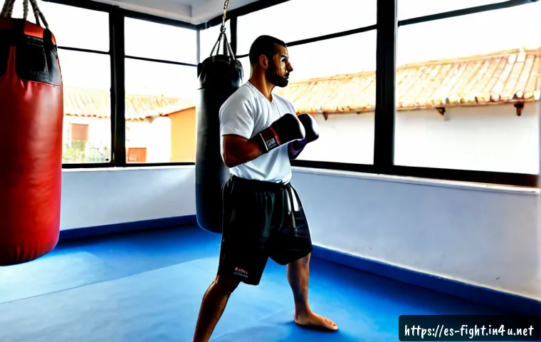 Home 17 격투기 용어 완벽 정리 - Photorealistic martial arts training gym in a Spanish-speaking city, a focused adult boxer in full p...